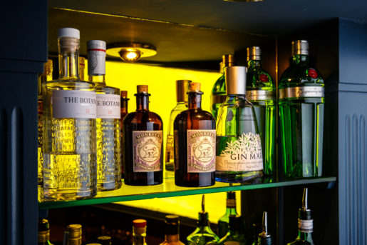 Close up of gin bottles on glass shelf in bar